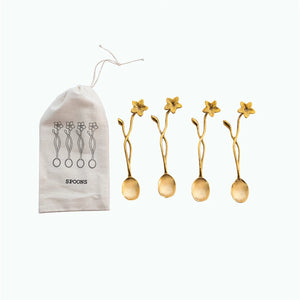 Set of Four Brass Flower Spoons with Drawstring Bag