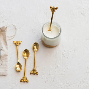 Set of Four Brass Bee Spoons with Drawstring Bag