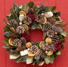 Load image into Gallery viewer, Preserved Orange and Pinecone Wreath