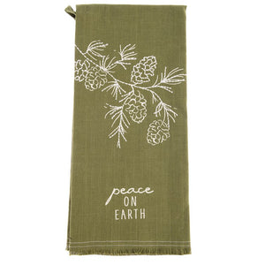 Embroidered Tea Towel - Peace on Earth + Pine Cones