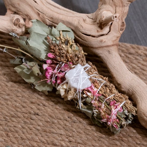 Smudge Wand - Pink Floral with Rose Quartz Crystal