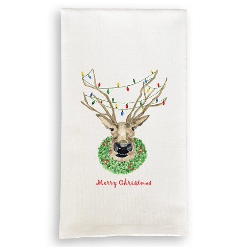 Cotton Tea Towel - Merry Christmas Deer with Lights