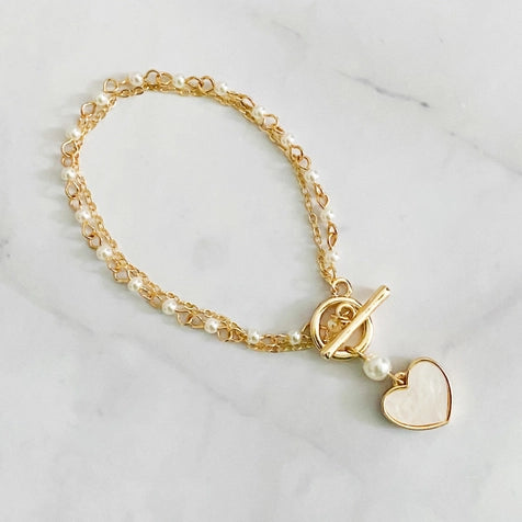 Layered Gold Plated Pearl Chain Heart Bracelet