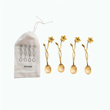 Load image into Gallery viewer, Set of Four Brass Flower Spoons with Drawstring Bag