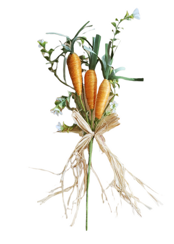 Carrots and Greenery with White Flowers and Raffia Ribbon